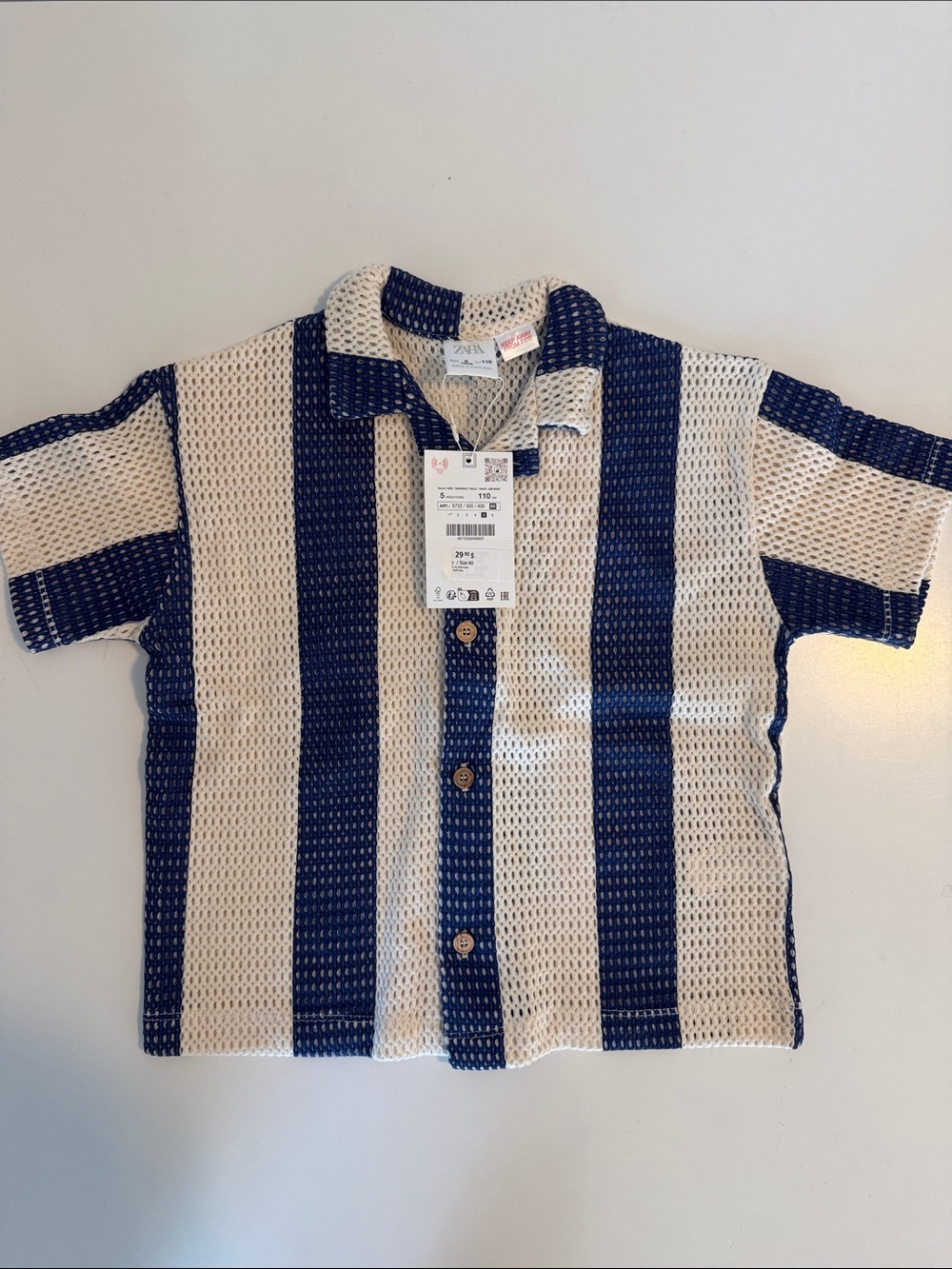 Zara Kids Navy & Cream Striped Knit Button-Up Shirt - NEW WITH TAGS